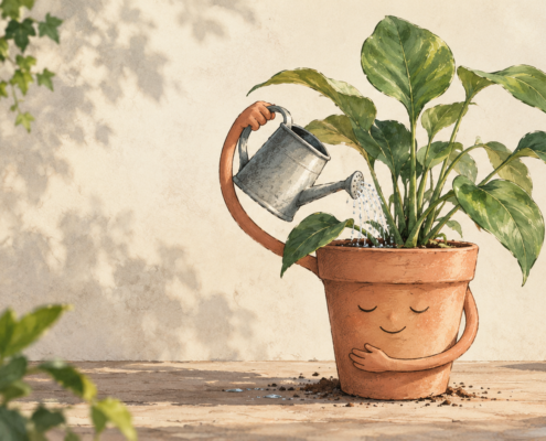 Illustration af en smilende potteplante, der vander sig selv og holder om sin potte.