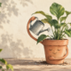 Illustration af en smilende potteplante, der vander sig selv og holder om sin potte.