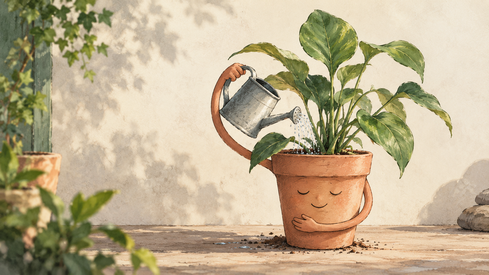 Illustration af en smilende potteplante, der vander sig selv og holder om sin potte.