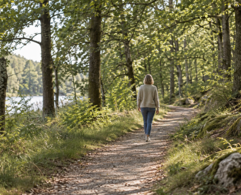 En person går roligt ad en skovsti ved en sø.