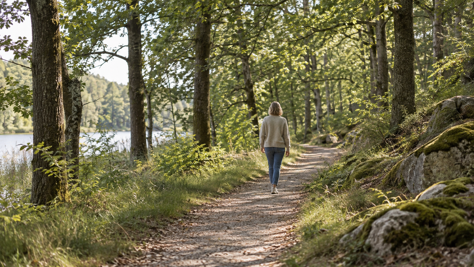 En person går roligt ad en skovsti ved en sø.